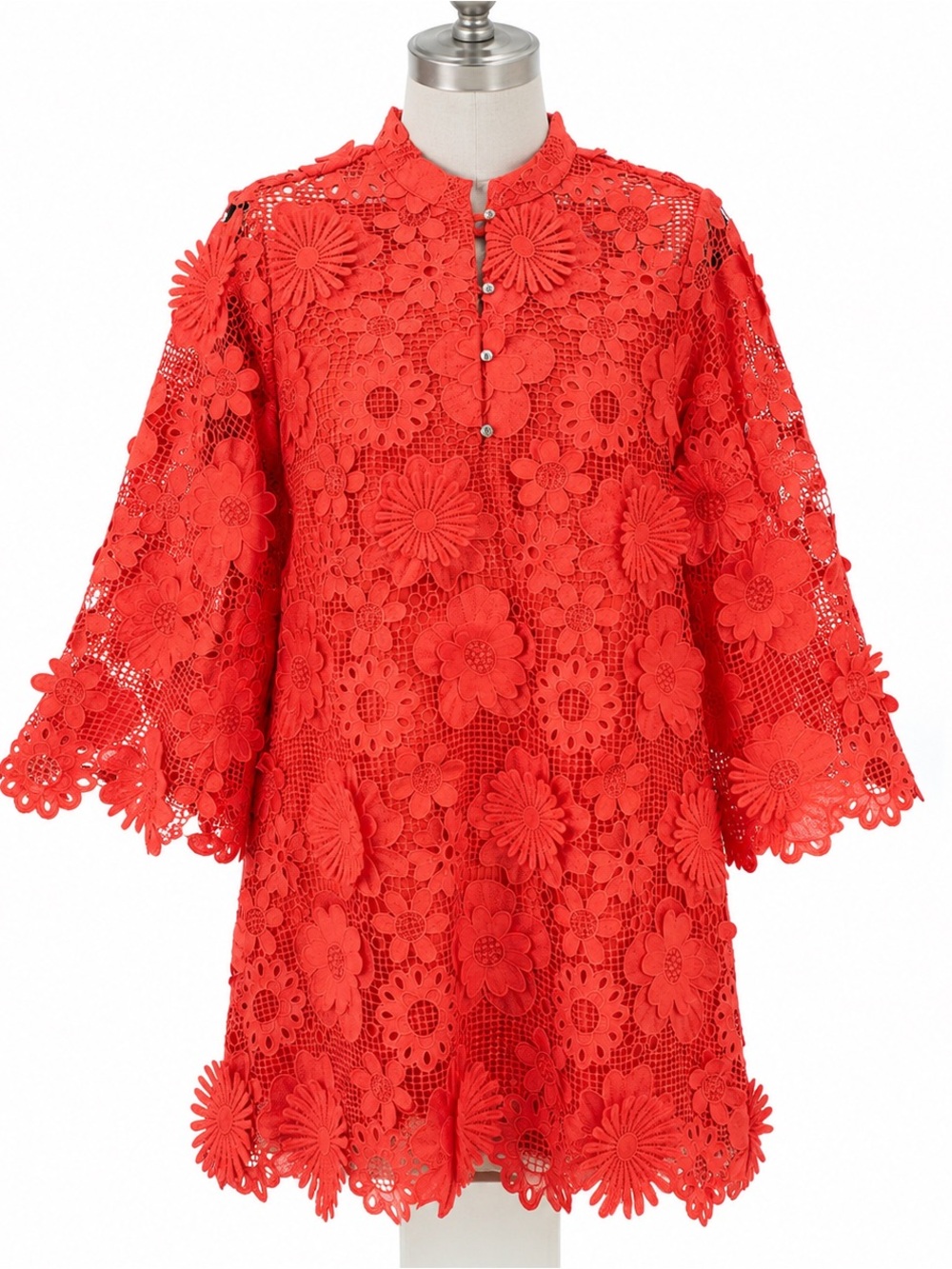 Coral Crochet Floral Lace A-Line Wedding Guest Dress